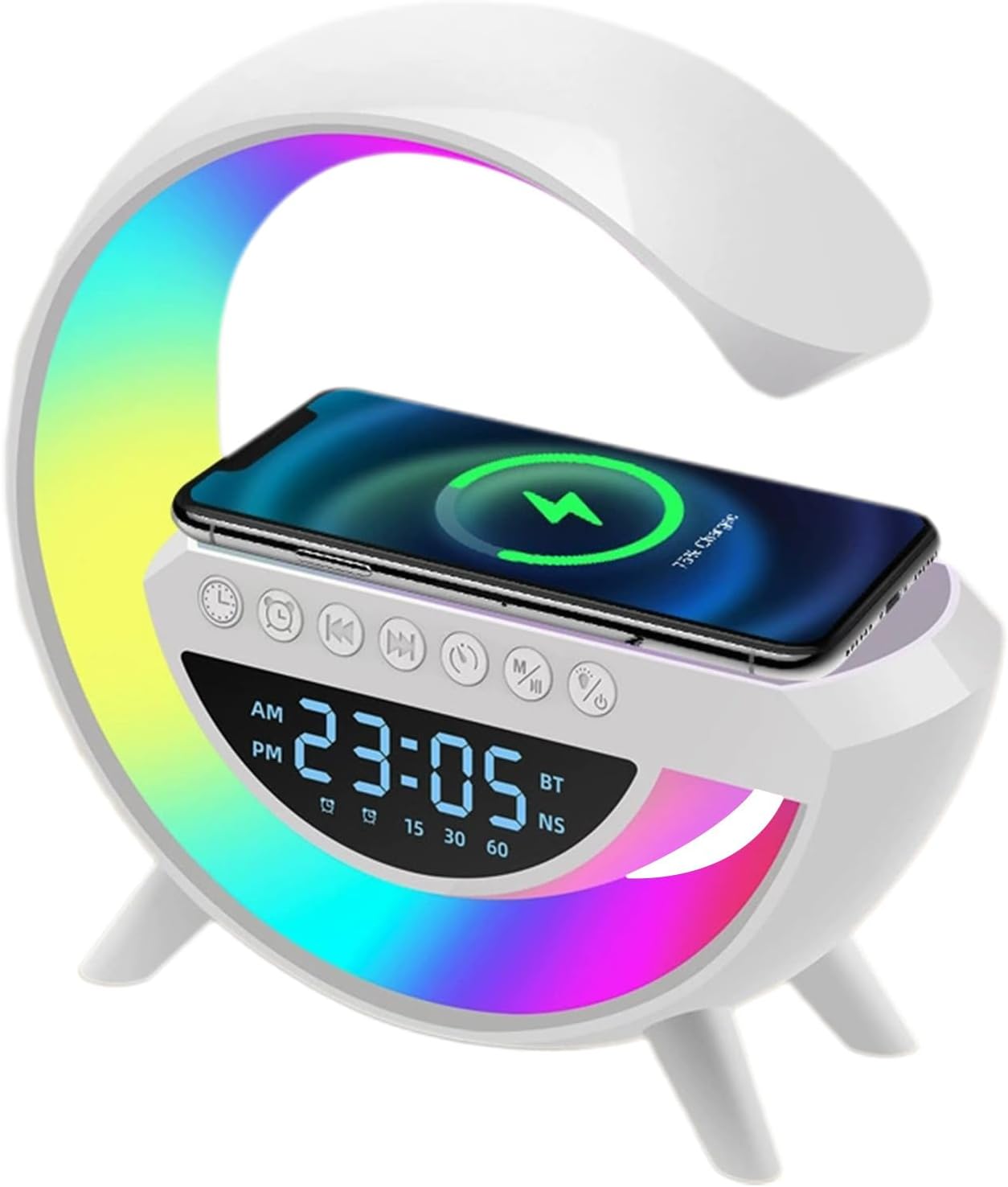 ChargeHub Speaker, RGB Night Light, and Wireless Charger – Compatible with iPhone, Samsung, Xiaomi, Huawei."