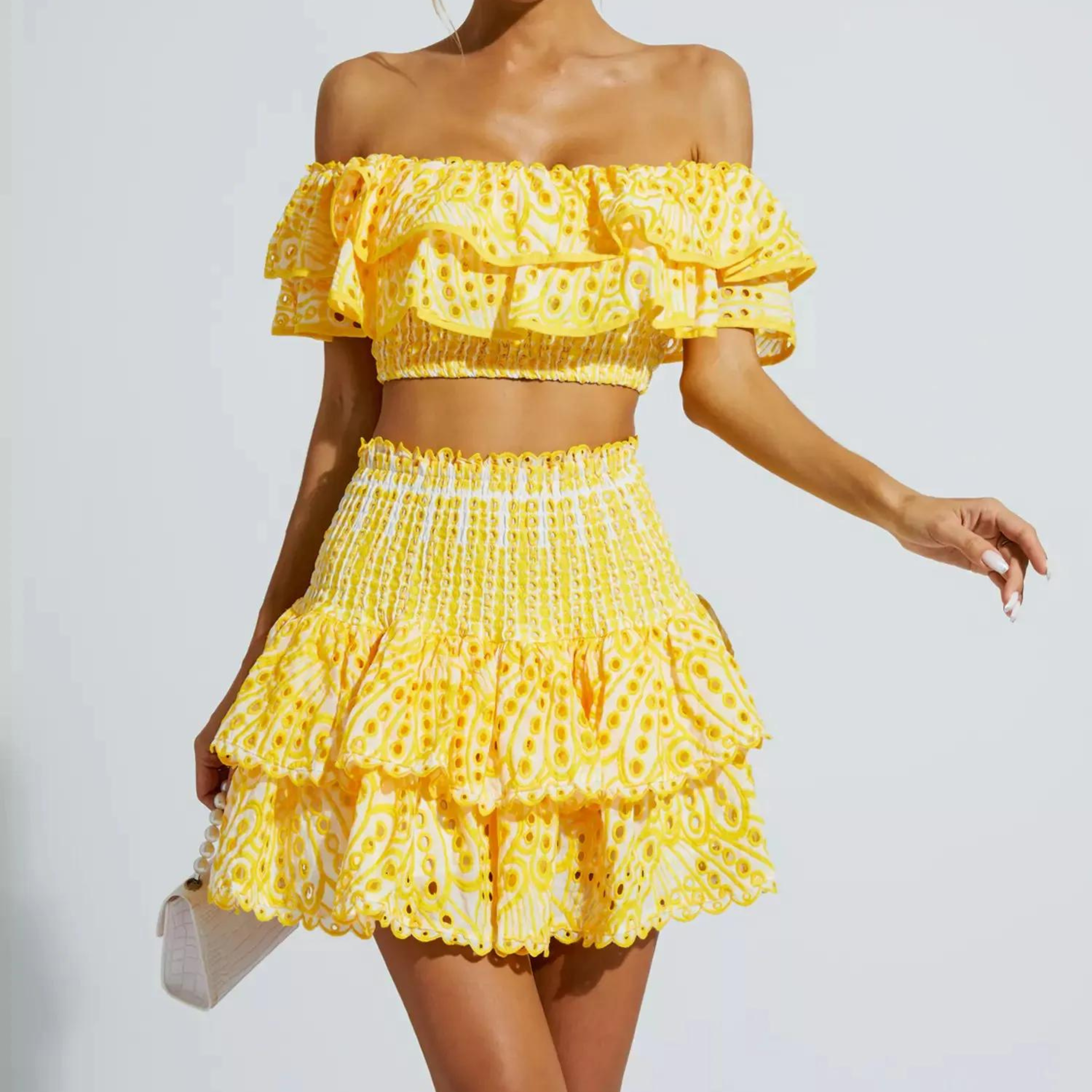 Daisy Yellow Floral Ruffle Off-Shoulder Set.